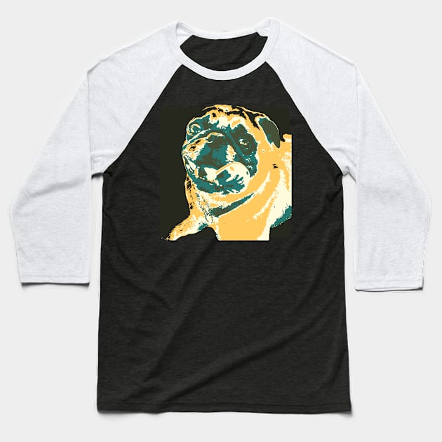 Yellow and Green Pop Art Smiling Pug Baseball T-Shirt by gloobella